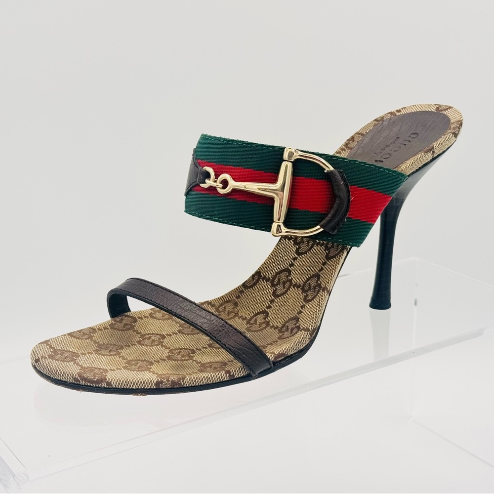 Gucci Brown and Red Sandals with Gold Buckle